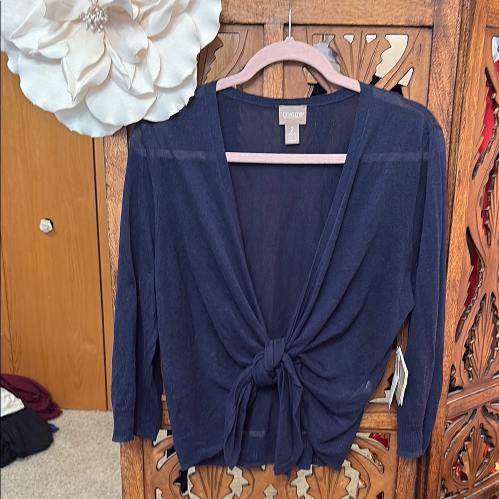 Chico's Navy Tie-Front Sheer Knit Cardigan